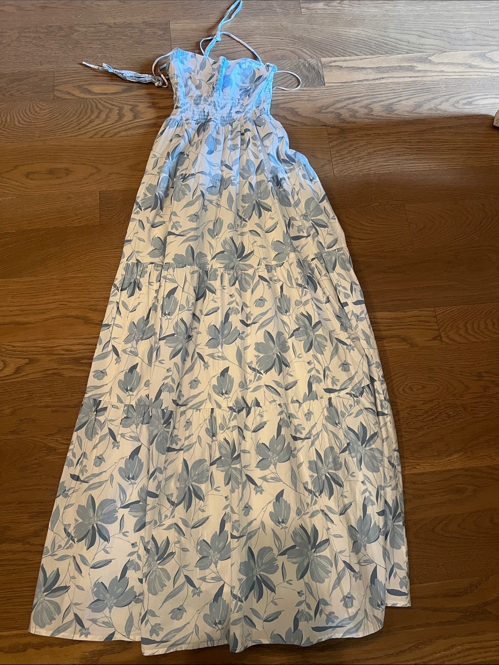 Wayf White Maxi Dress with Light Blue Floral Print